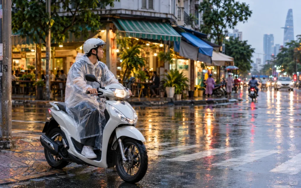 Khách thuê xe tay ga mặc áo mưa chạy trên đường TP.HCM mùa mưa